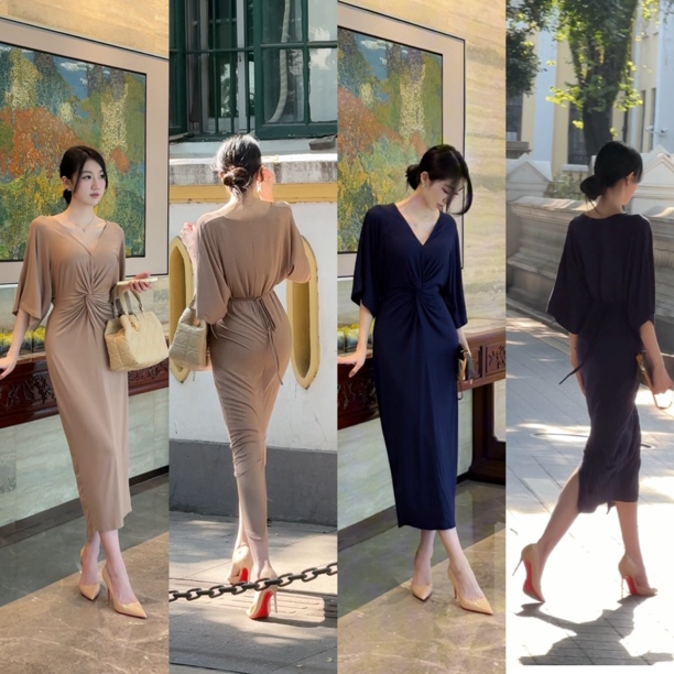 希野逸儿/冰凉感慵懒长裙法式优雅气质性感绑带v领连衣裙2025夏季