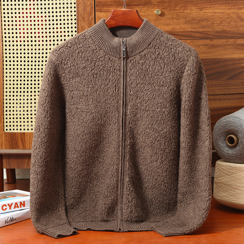 【秋冬上新】2025新款羊毛圈加厚男士外套纯色保暖拉链开衫毛衣针织