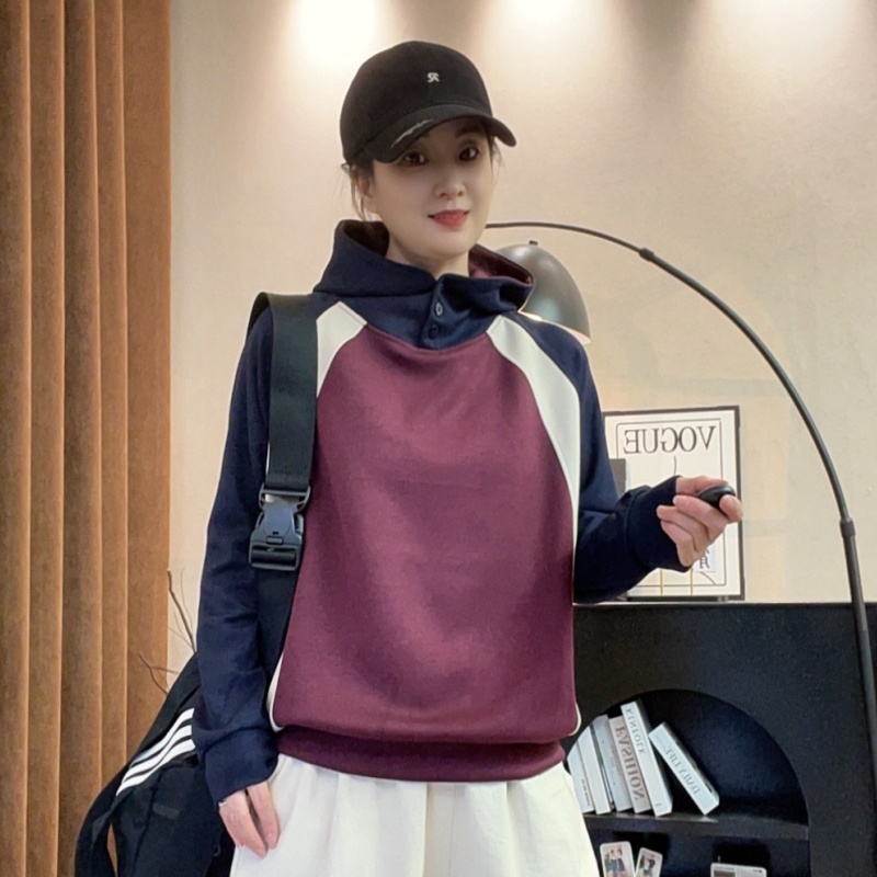 8872#休闲百搭秋冬拼接秋季韩版套头宽松女长袖连帽卫衣