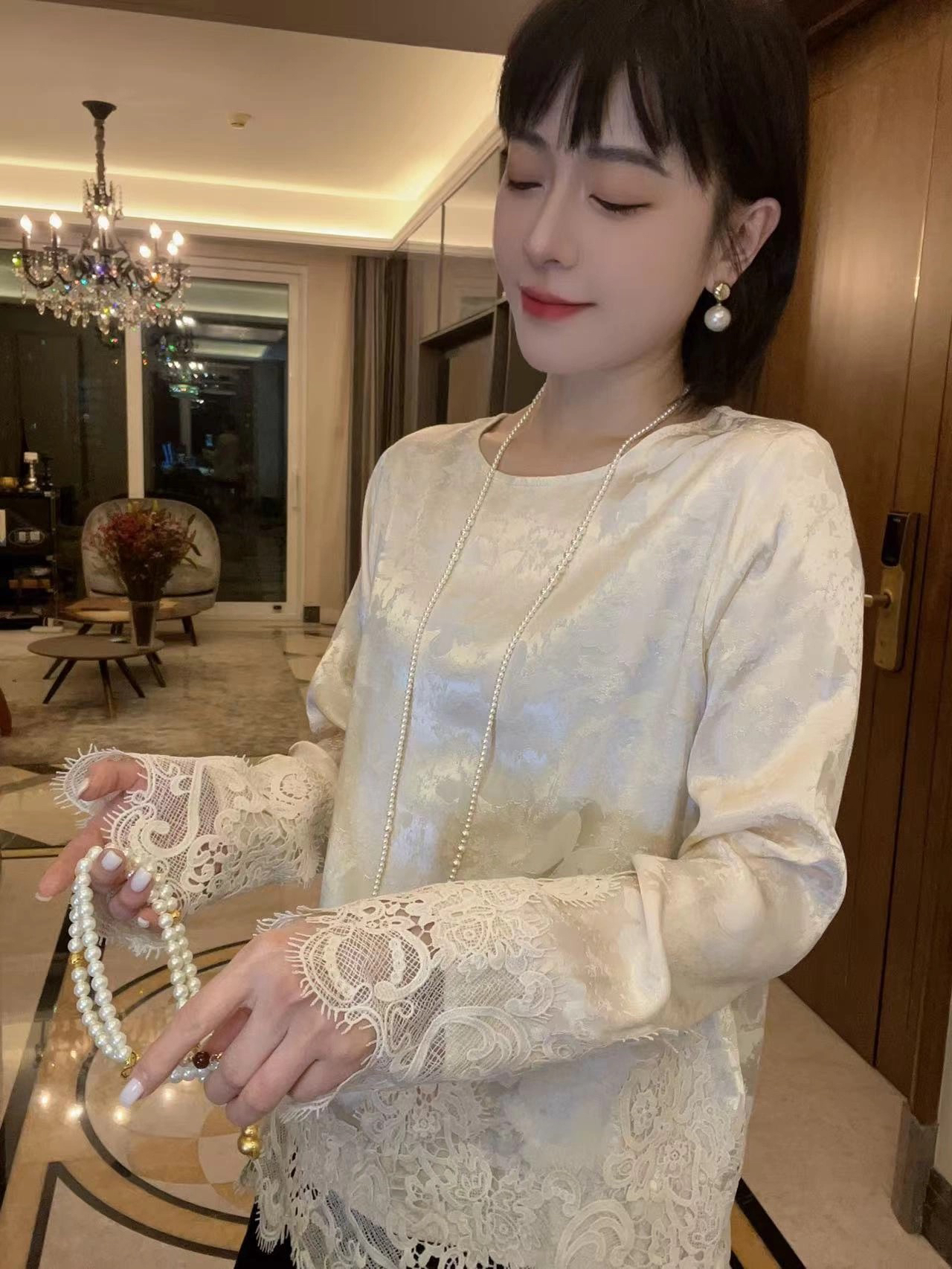 高端定制大码国风醋酸蕾丝刺绣小衫