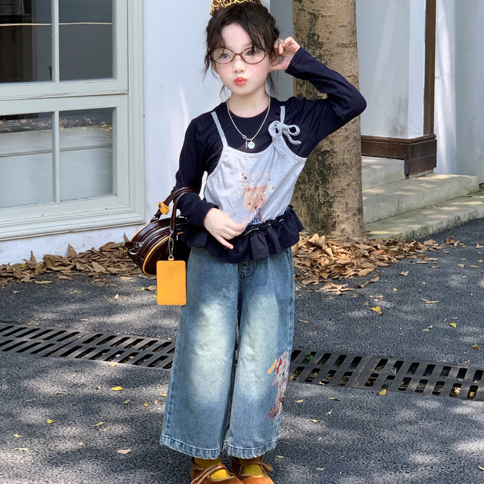 2025秋季新款 女童洋气吊带假两件长袖打底衫+卡通牛仔裤两件套潮