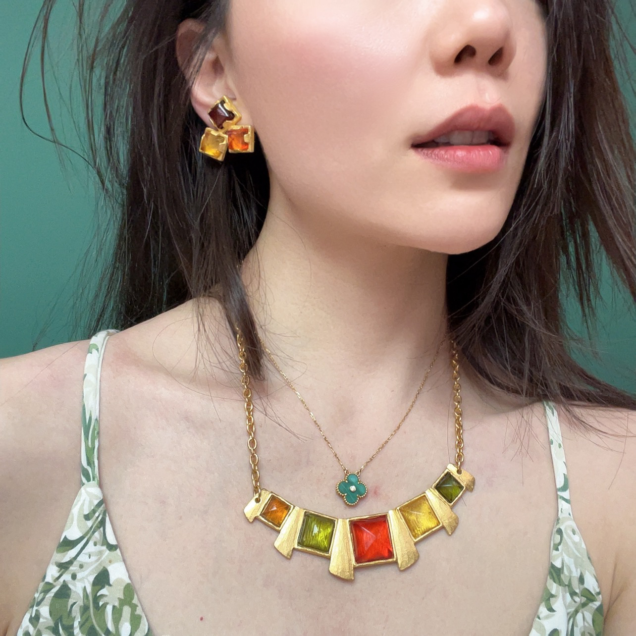 铜合金项链 女瑞丽风欧美风法式中国风拼接复古镶嵌锁骨链