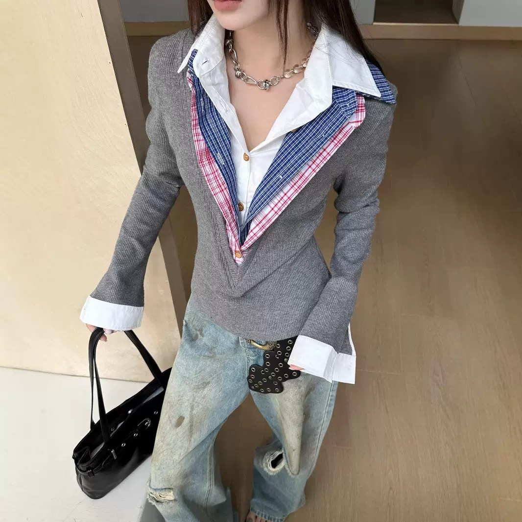 春夏新款三层格纹衬衫针织打底上衣 | 25031