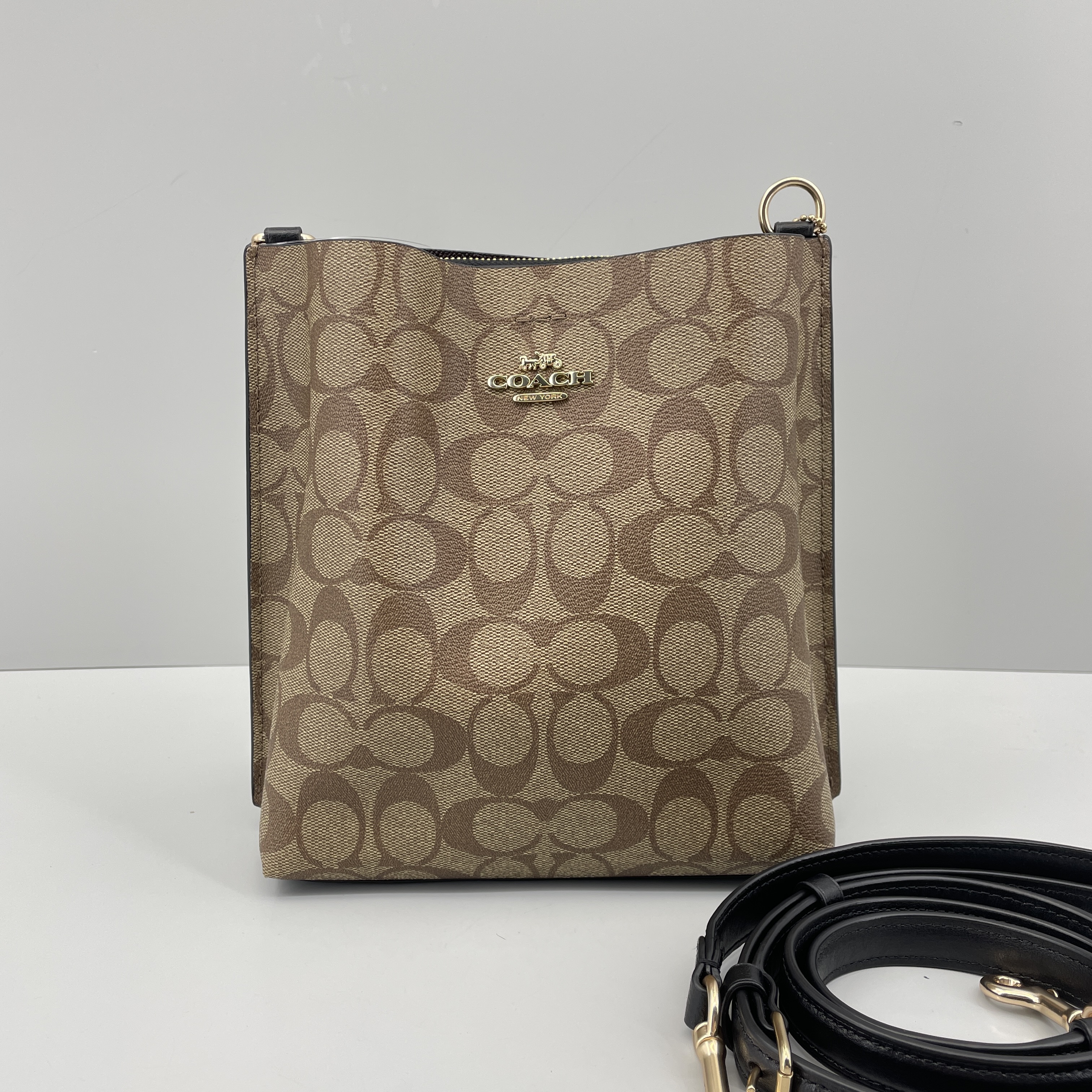 95新 COACH/蔻驰 mollie黑棕老花小号水桶包20*22*10cmE082706