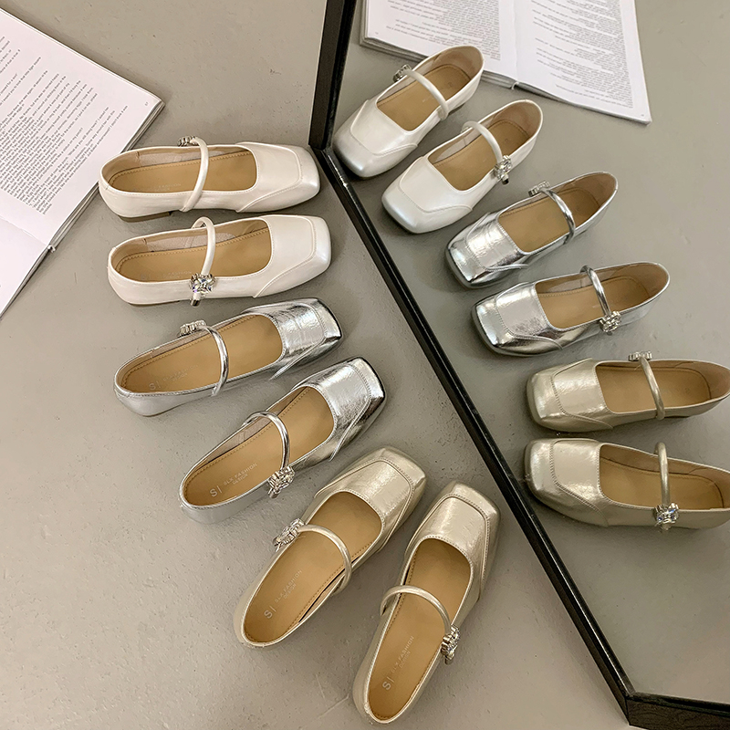 【25夏季新款】韩版洋气银色玛丽珍鞋女法式复古浅口晚晚单鞋小皮鞋