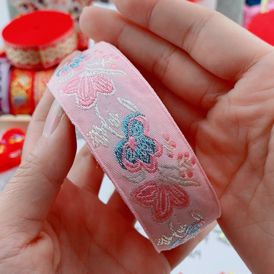 3厘米蝴蝶刺绣带粉色一卷25码