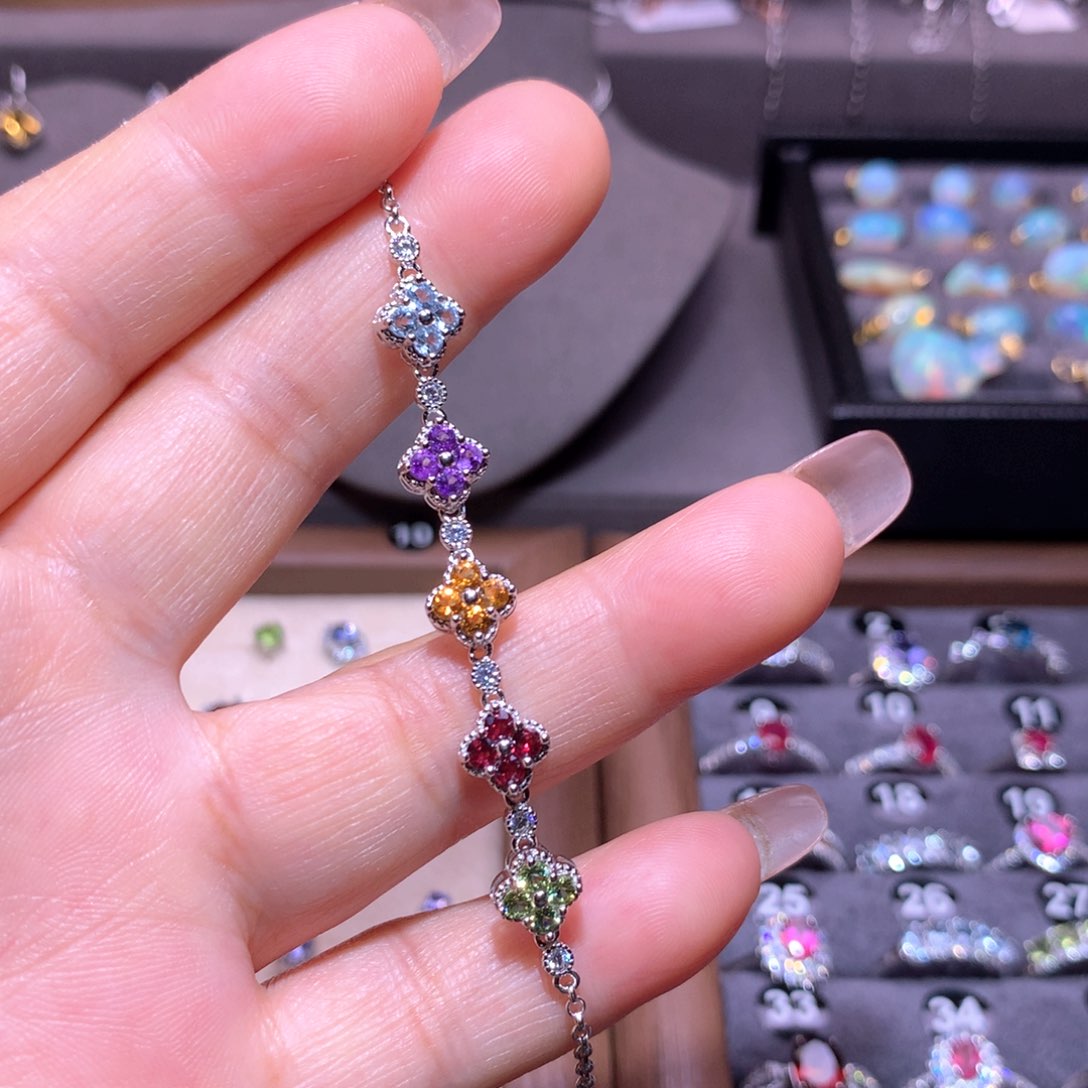 石榴石手链）银S925镶嵌祖***朵