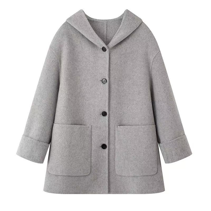 MM商场同款2025秋冬新款连帽休闲绵羊毛双面呢大衣毛呢外套女2041