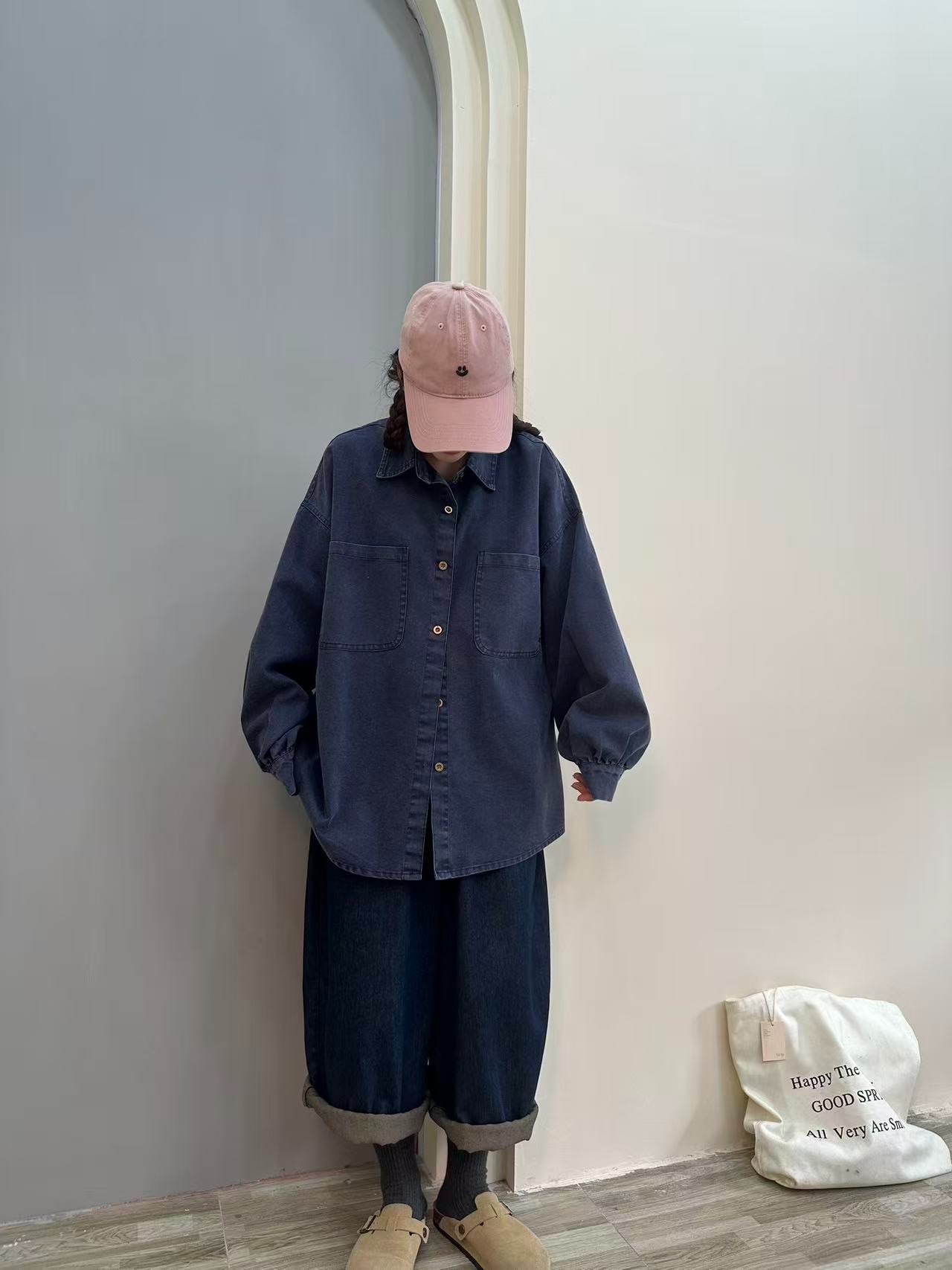 9869日系简约纯色衬衫外套休闲百搭复古宽松韩版短款时尚