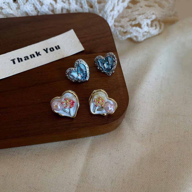 钛钢珐琅耳饰 蓝色少女风女原创设计金色耳钉复古可爱设计感边夹