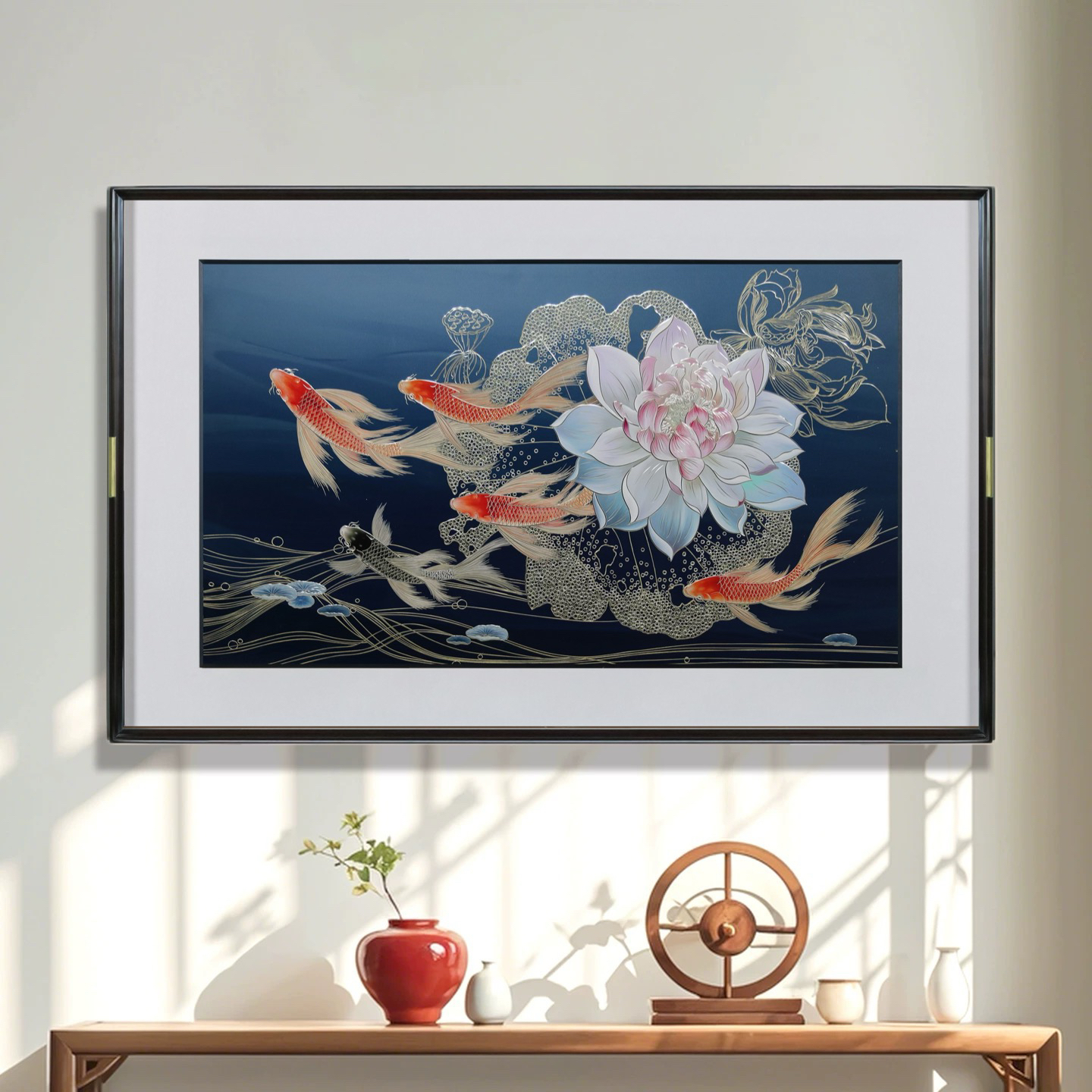  铜鑫铜亿《荷花锦鲤》手工铜板雕刻 餐厅 茶室 卧室背景墙挂画