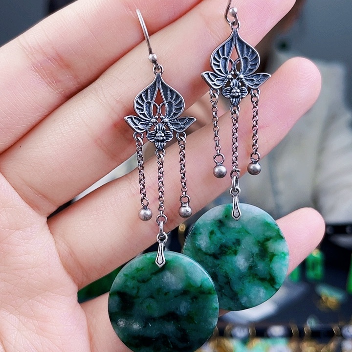 翡翠耳饰银S925镶嵌饰品