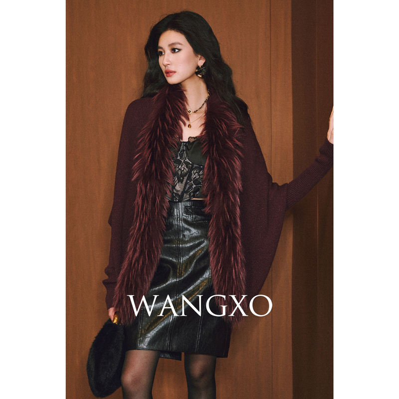 WANGXO【11/11】重磅貉子毛条针织开衫