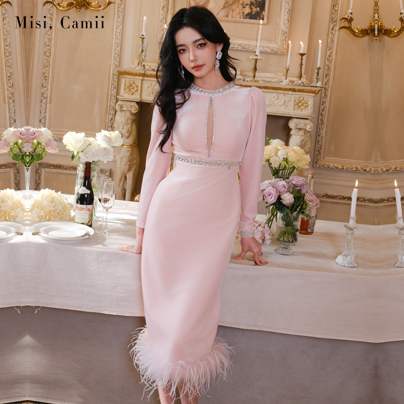 Misi,Camii2025春夏新款钻饰闪粉丝绒长礼服名媛风轻奢女装连衣裙
