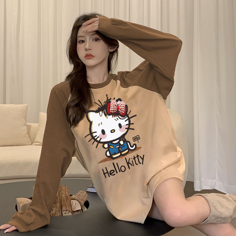 凯蒂t恤琥珀色拼接前后图案长袖上衣韩版百搭小众炸街高级感女装