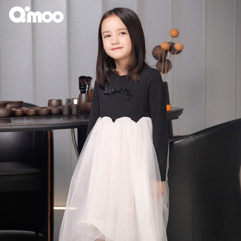 Qimoo/淇木秋女童洋气时尚弹力长袖拼色网纱公主连衣裙QCL3LC651X