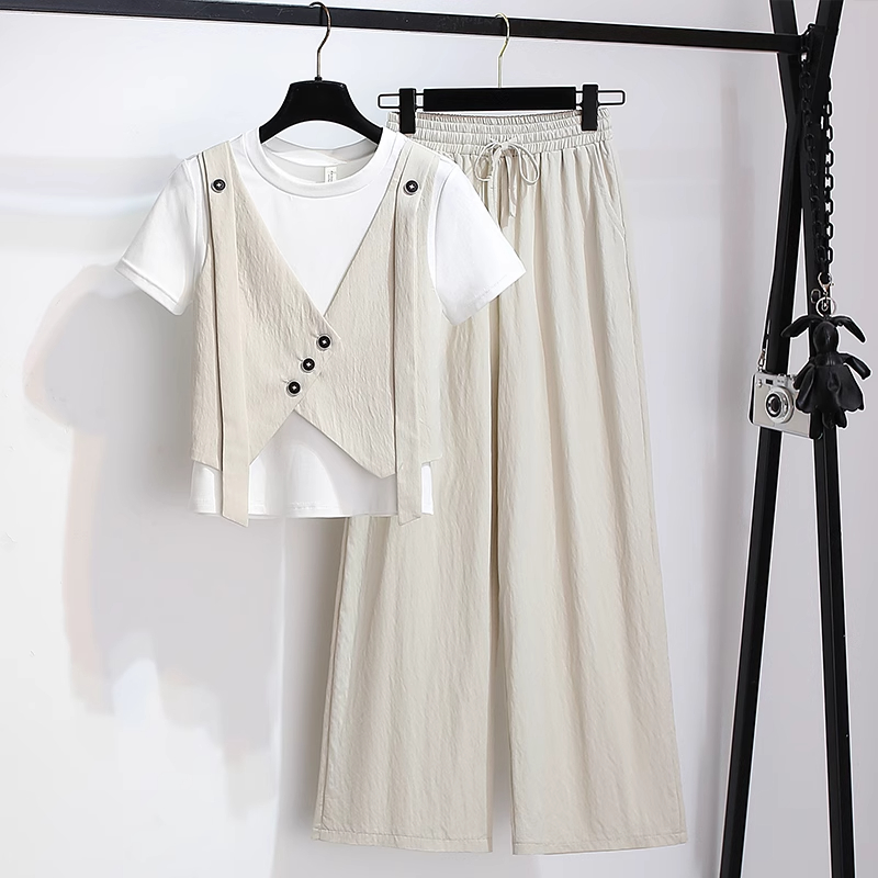 拉夏贝尔休闲运动服假两件短袖t恤阔腿裤女2025夏网红炸街两件套