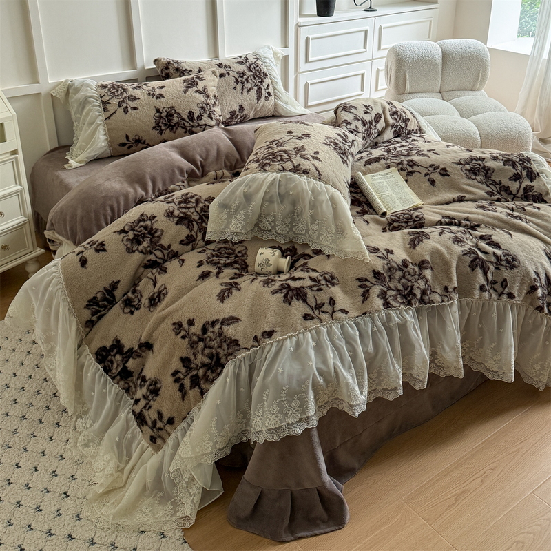 【MEHWI】法式裙摆蕾丝花边公主风高克重柔软轻奢加厚牛奶绒四件套