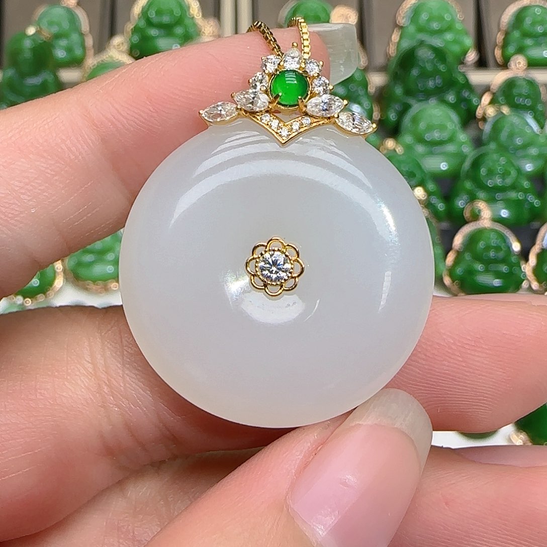 和田玉（白玉）吊坠(不含链)18K金镶嵌