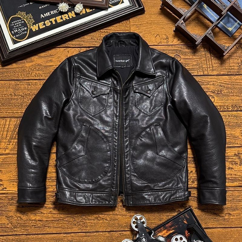 胎牛门多萨系扣海宁 门多萨头层牛皮油蜡复古机车立领男士外套