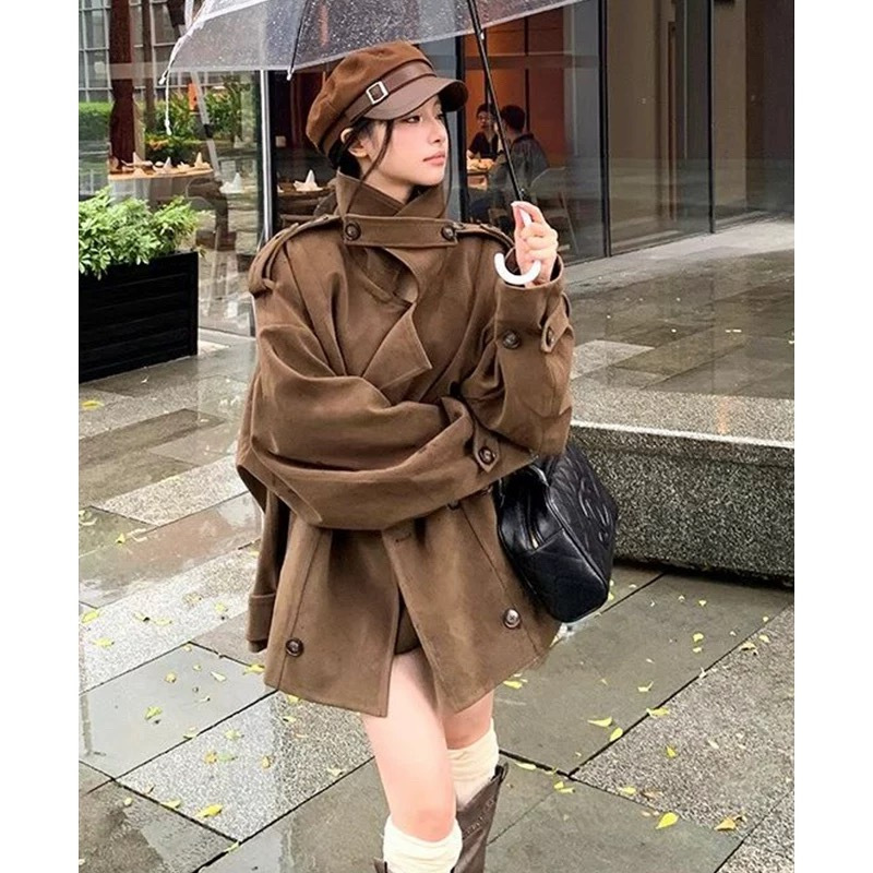 棕色设计感立领麂皮小个子外套女2025秋新款韩系复古宽松休闲大衣