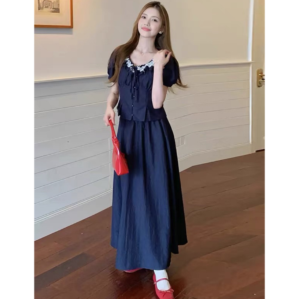 大码女装花边短袖a字半身裙两件套夏季新款胖mm显瘦搭配一整套装