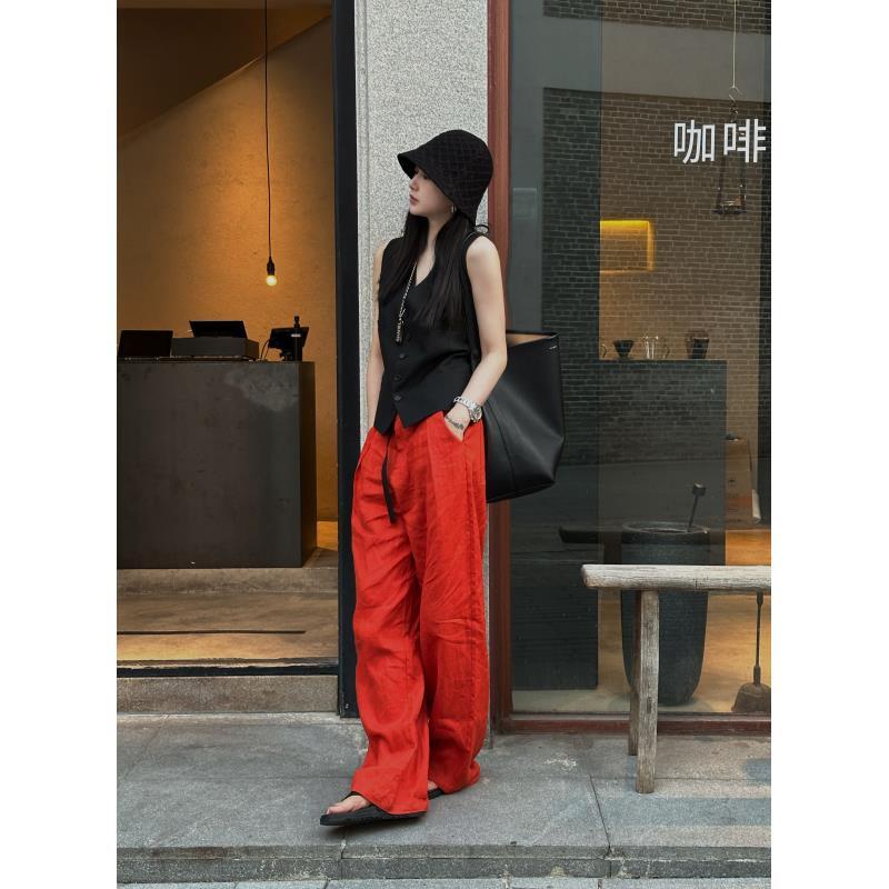 复古红显瘦直筒麻裤  M064