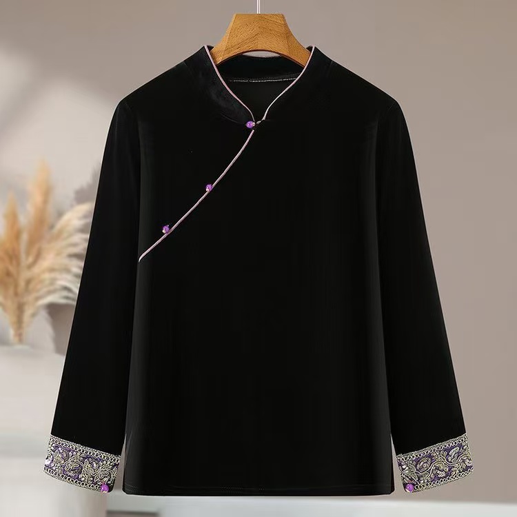 立领斜襟提花V领常规款上衣茶服春夏禅服复古百搭洋气款