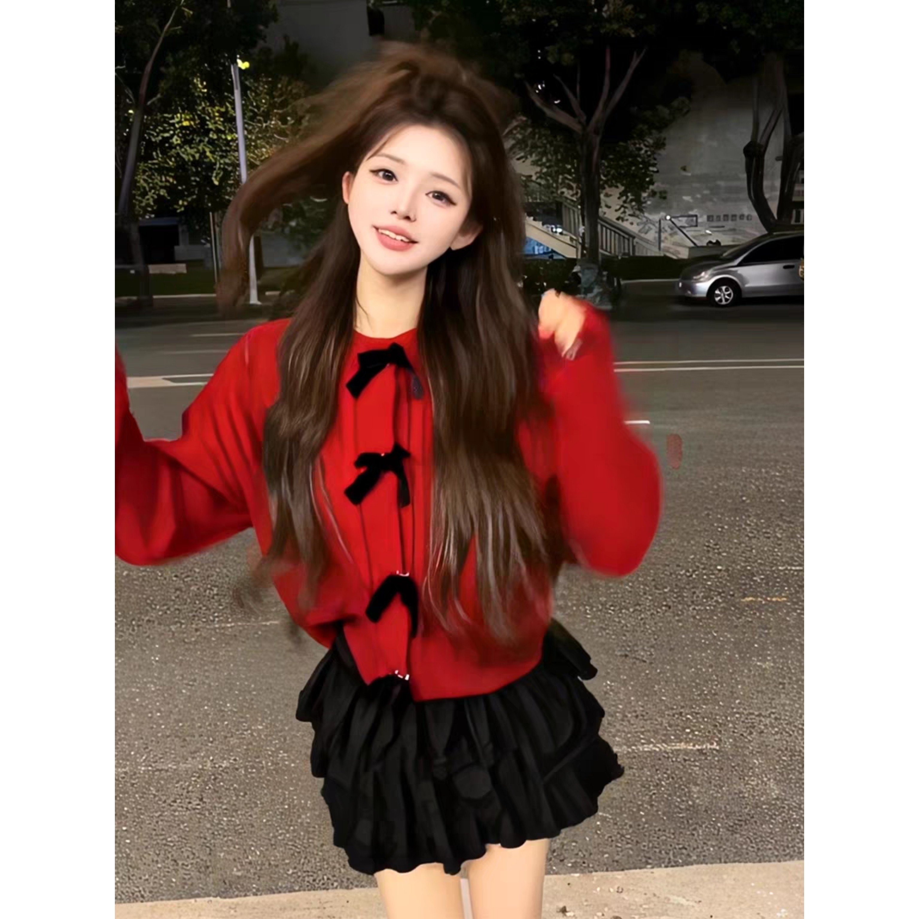 红色蝴蝶结高腰百褶裙女氛围感显瘦减龄套装