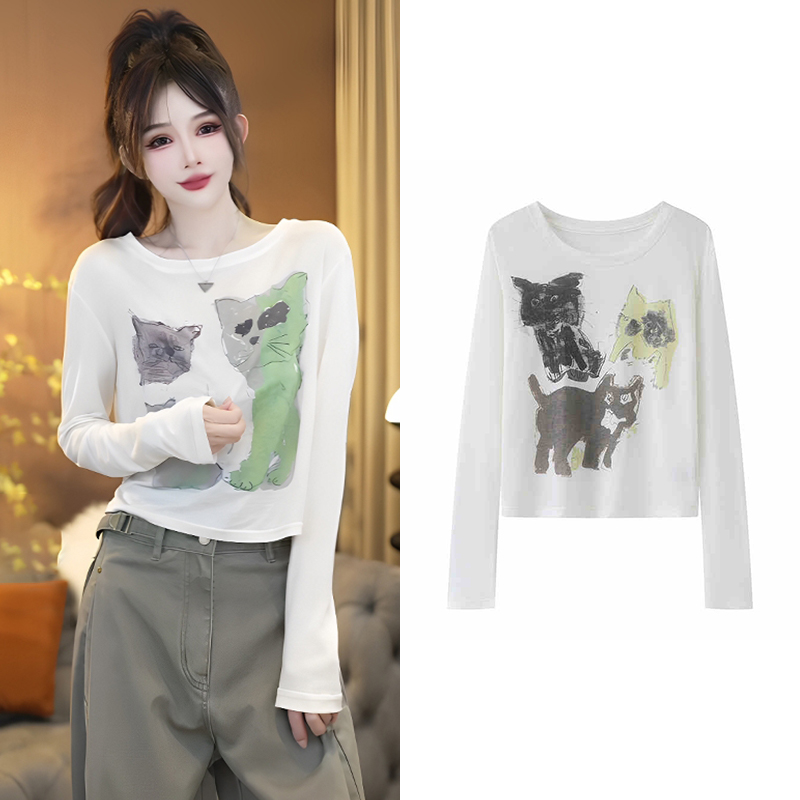 【T恤】2025夏季新款百搭猫咪印花圆领轻薄长袖T恤上衣女J6266