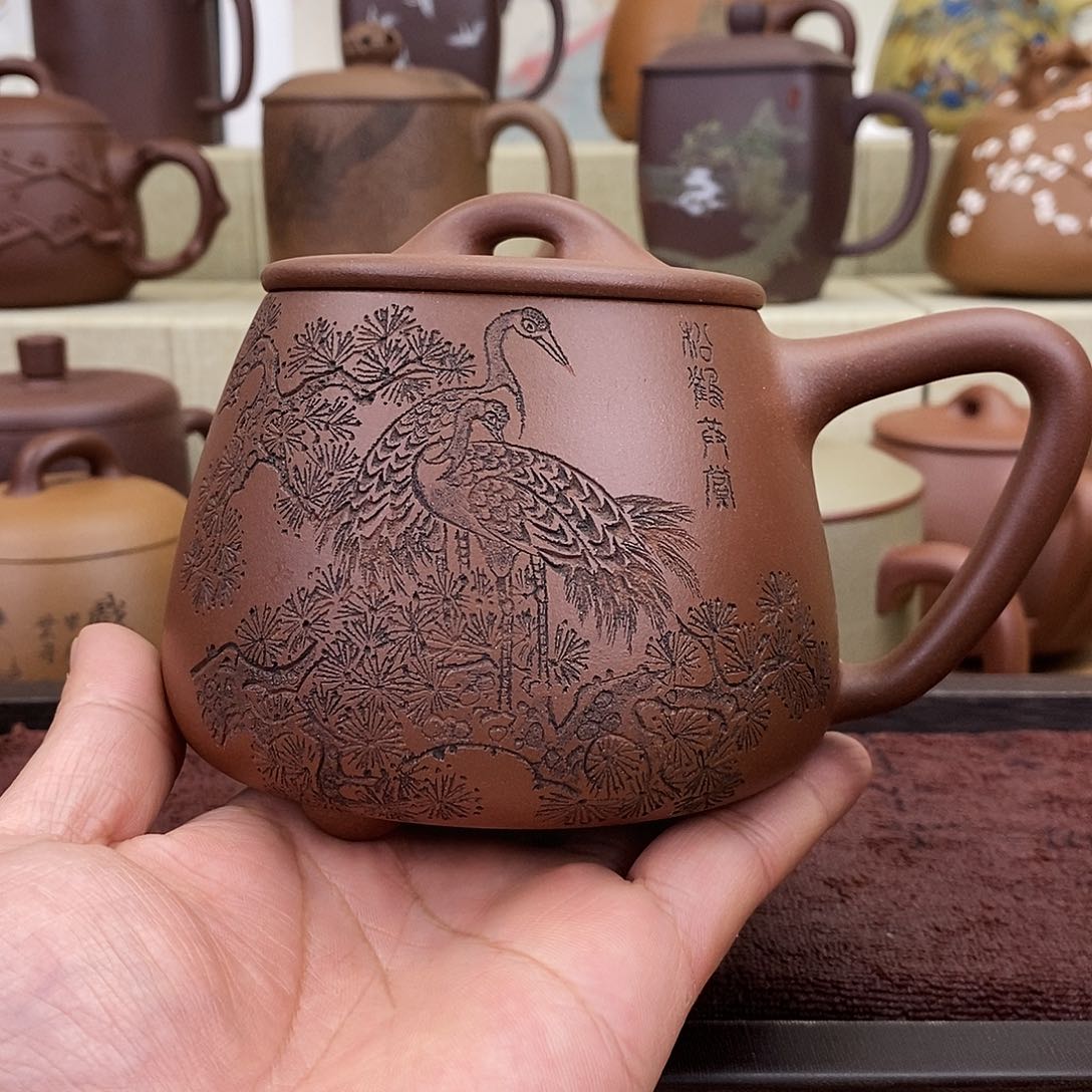 紫砂茶杯仙鹤石瓢盖杯