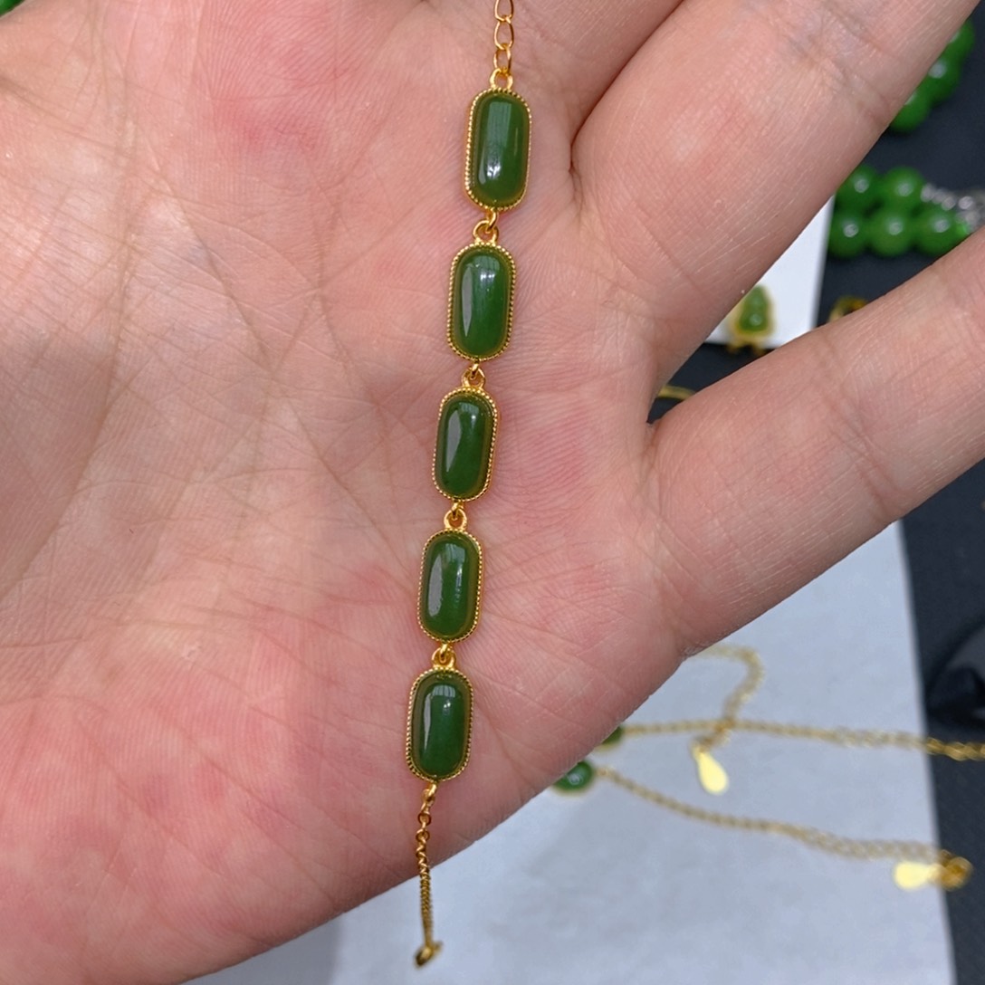 和田玉（碧玉）手链银S925镀金镶嵌
