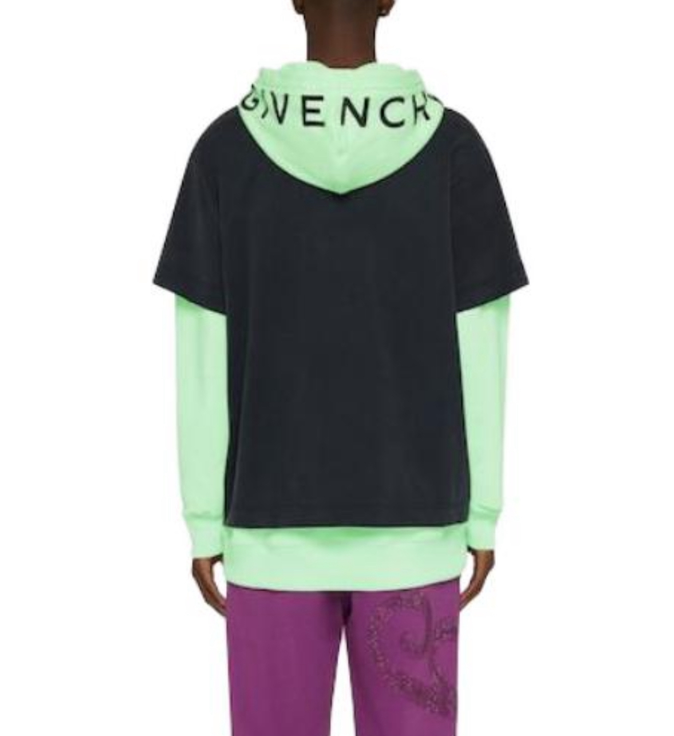 未使用 Givenchy/纪梵希 黑绿拼接4G刺绣假两件帽衫XS码