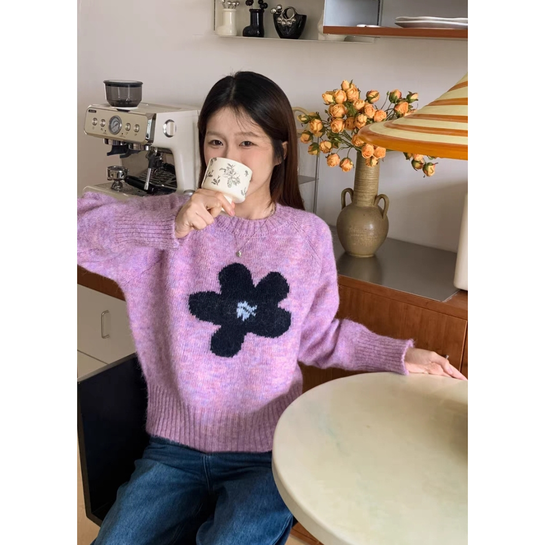 韩系花朵套头毛彩纱衣女紫色宽松软糯减龄百搭针织衫上衣