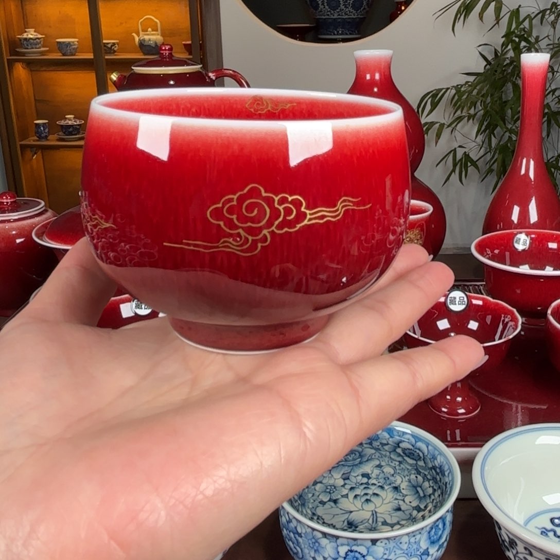 杯闻轩坊原矿郎红 祥云纹罗汉杯130cc