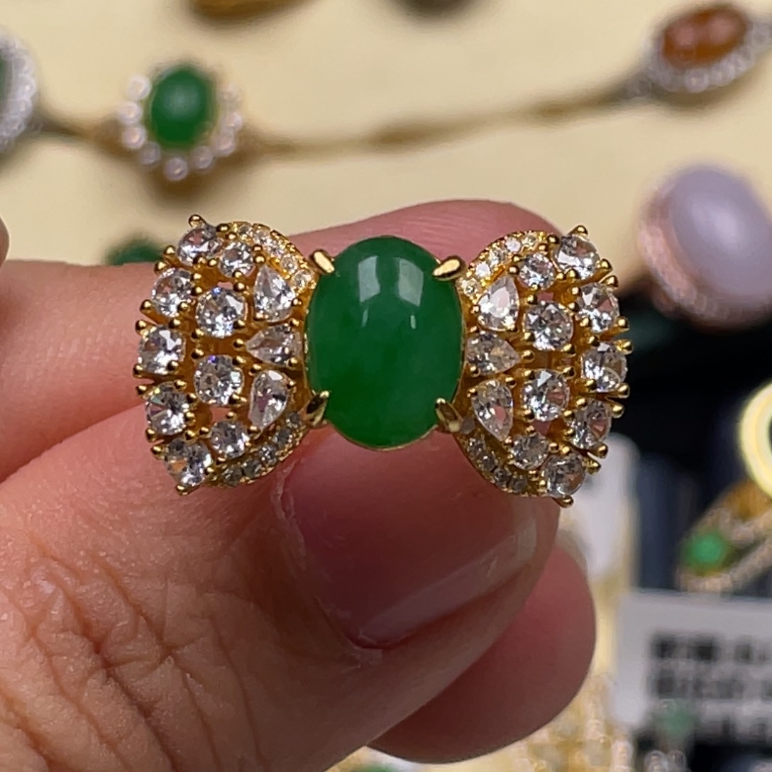 翡翠戒指银S925镶嵌纯天然缅甸翡翠