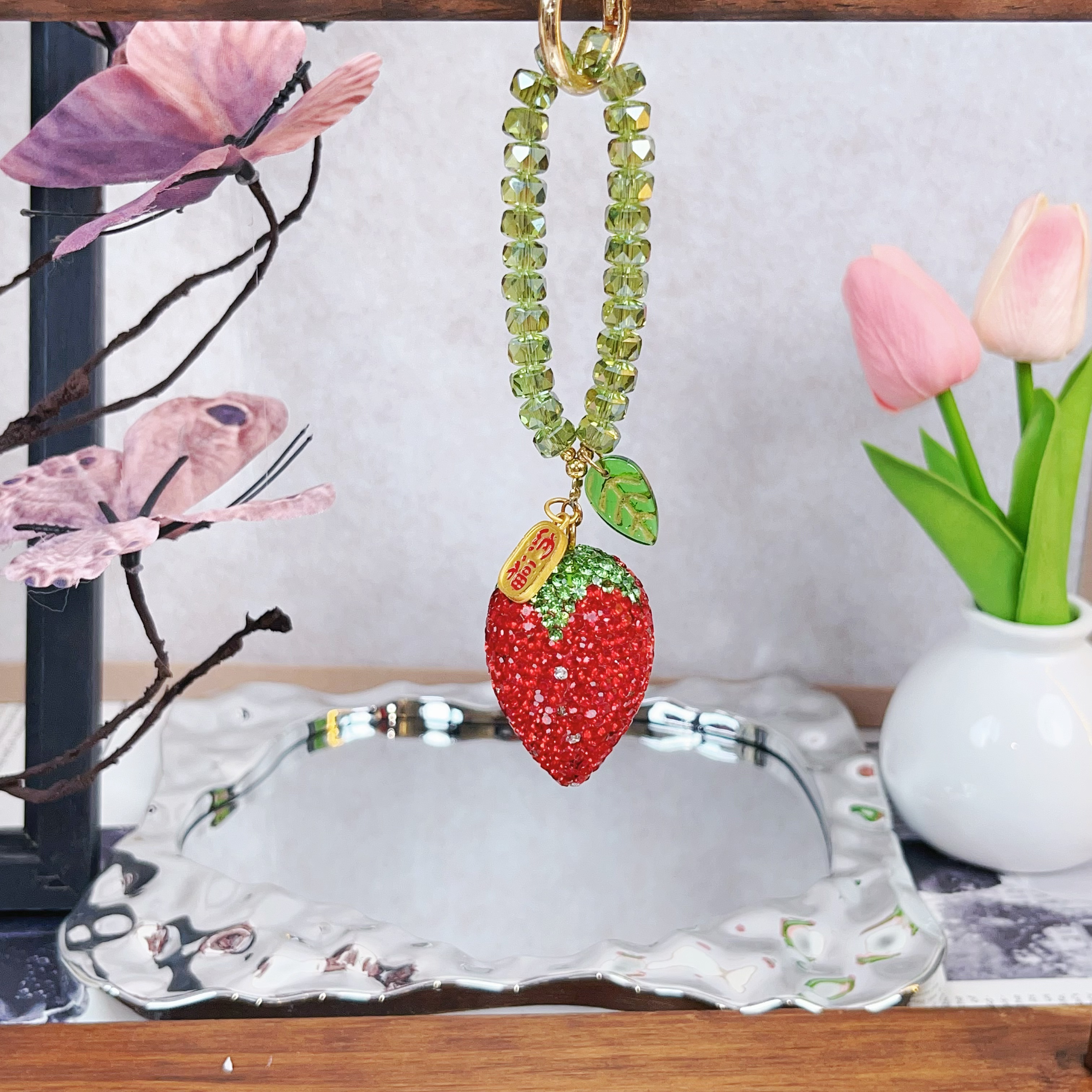 024[草莓]手机链挂饰奢华高级水晶珠子手链防丢挂饰带夹