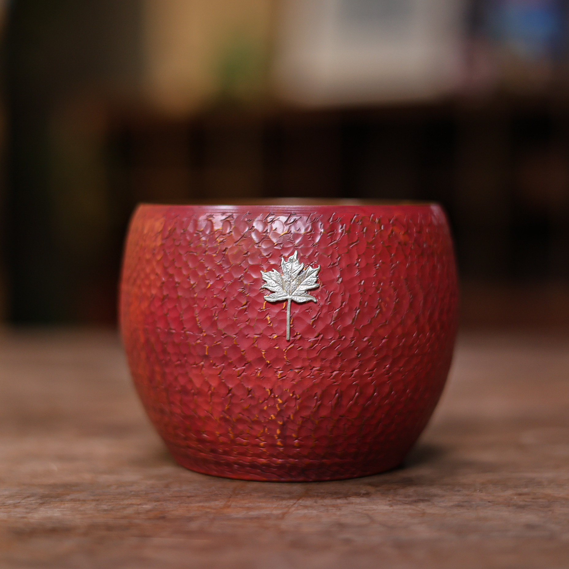 【福器】紫铜红色枫叶锤纹建水茶渣缸家用茶桌茶道配件手工铜茶具