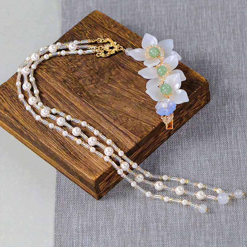 古风汉服发饰（白青）长流苏发夹