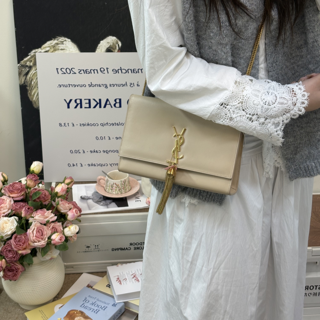 95新 YSL/圣罗兰 奶茶色流苏链条包