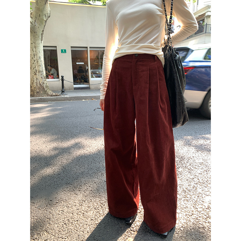 秋季韩版休闲慵懒风高腰灯芯绒阔腿裤女F2055