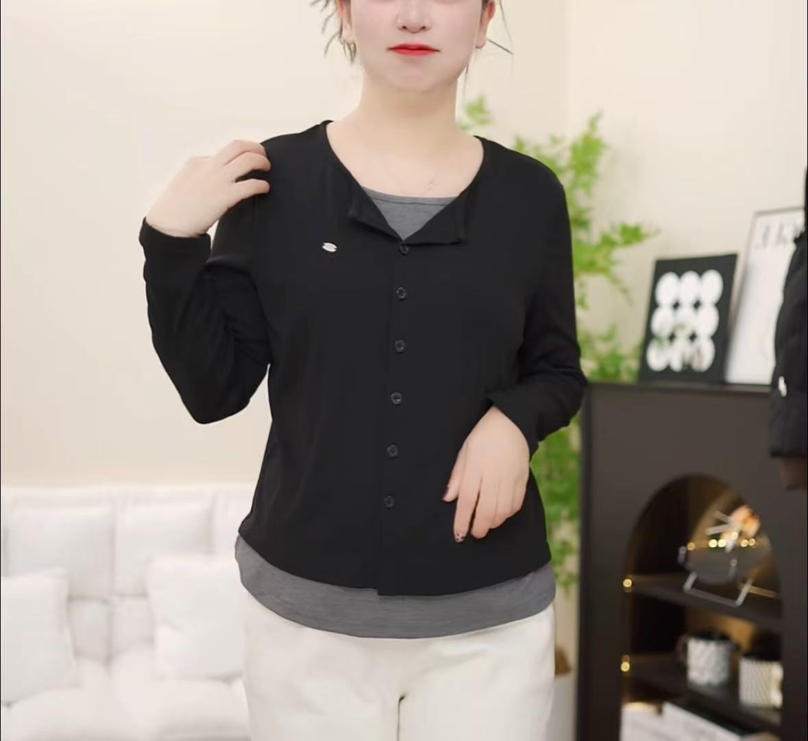 韩系气质穿搭红色复古撞色假两件打底衫妈妈装早秋新款上衣