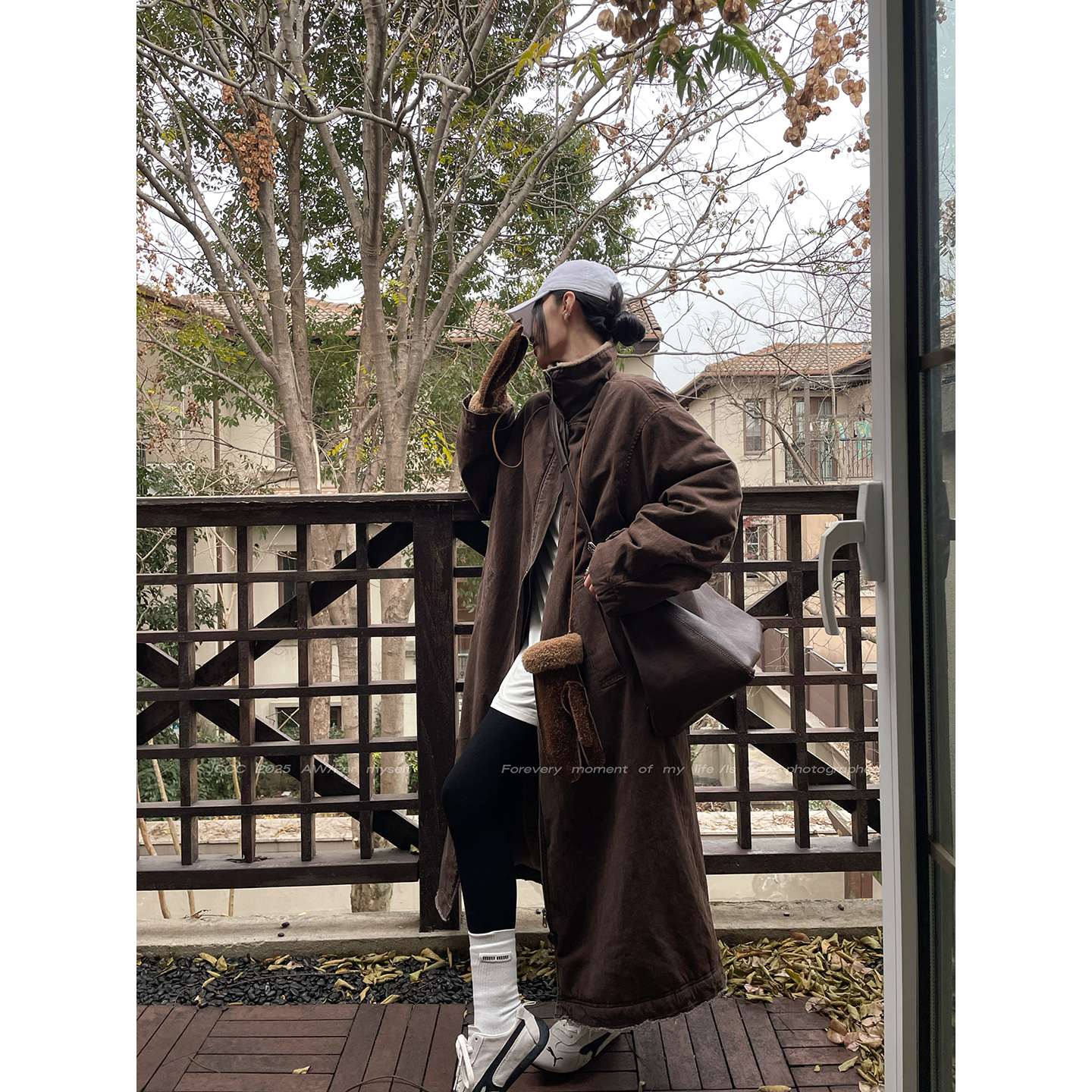 JCCC影子【棕曲流砂】棕色100%棉复古做旧立领环保加绒长款风衣外套