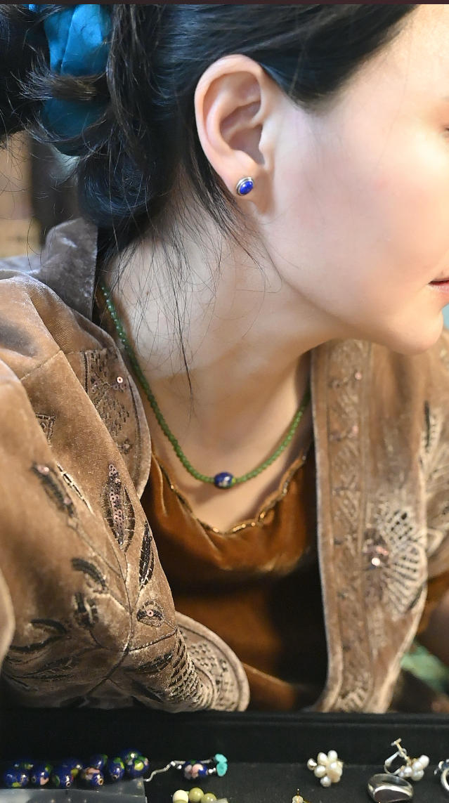 925银珐琅耳饰 茶语-青色椭圆耳钉