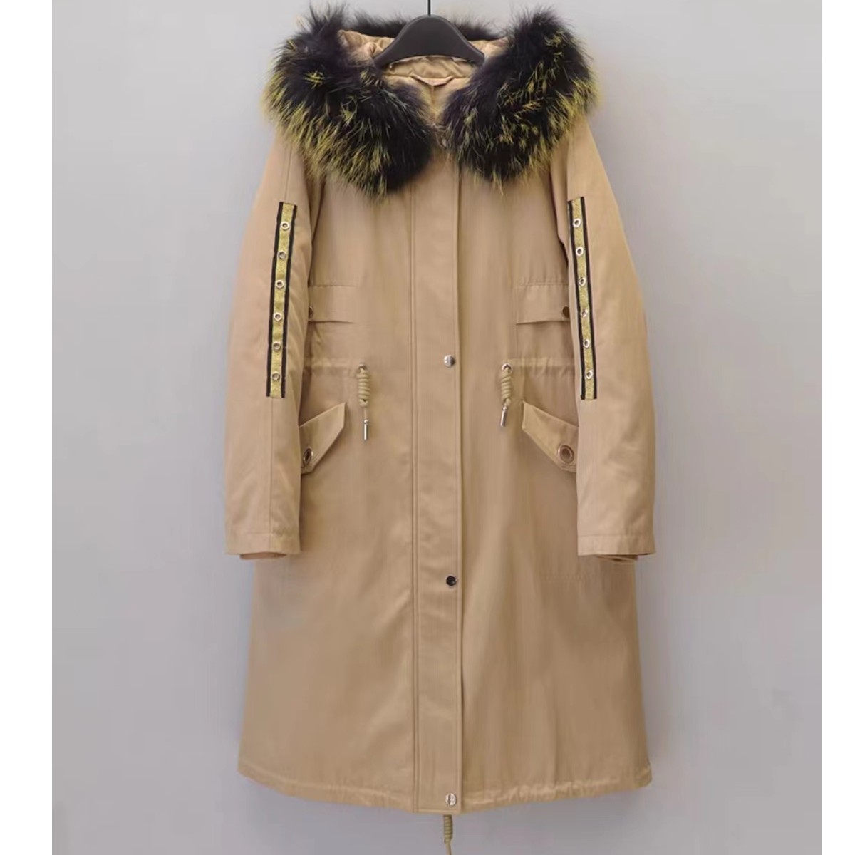 抽绳收腰中长款冬季大毛领派克连帽羽绒服 C2459