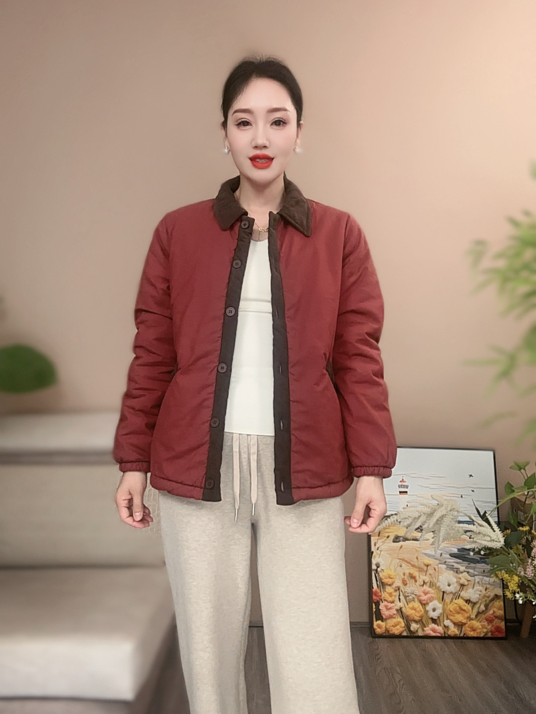 妈妈装冬季新款纯色休闲百搭棉服时尚减龄加绒外套厚