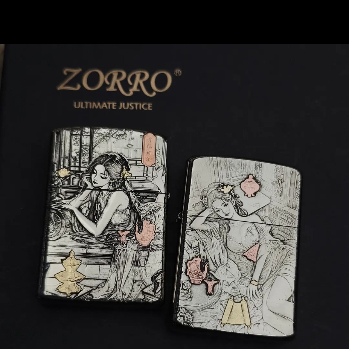 ZORRO佐罗正品贵妃醉酒二代白黄紫铜镶嵌煤油打火机网红高颜值送 