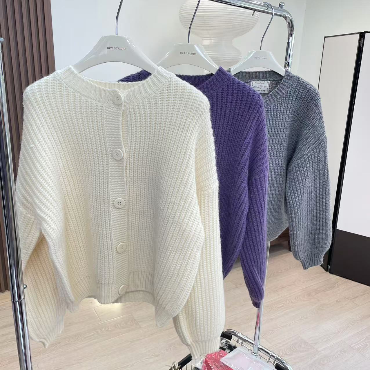 针织衫-87060粗针百搭慵懒风圆领开衫