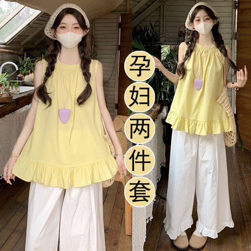 孕妇套装夏季清新减龄法式荷叶边宽松孕妇上衣+荷叶边孕妇阔腿裤