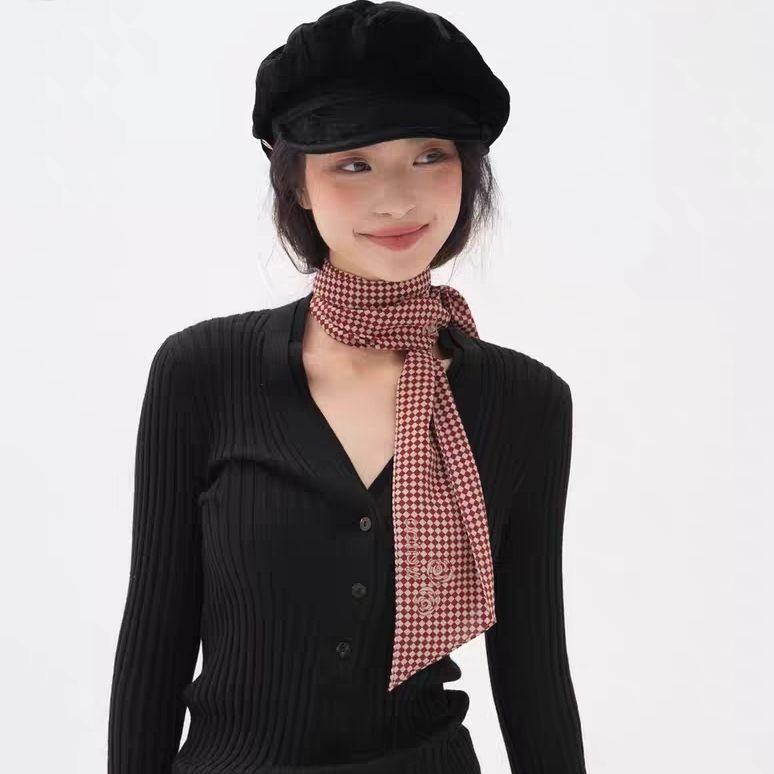 复古经典山茶花丝巾外搭丝带飘带百搭小长条复古春秋叠穿格子领巾